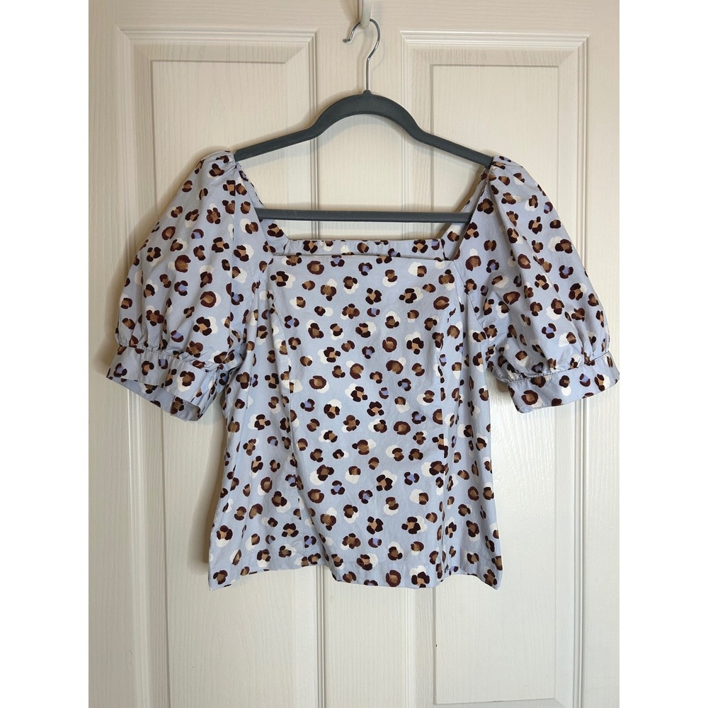 Ann Taylor Blue Leopard Print Puff Sleeve Square Neck Blouse Side Zip Small‎